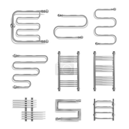 Realistic set of metal chrome heater towel rails different shape isolated on white background vector illustration