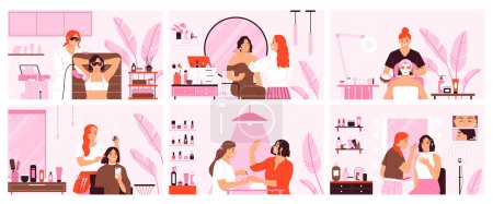 Illustration for Beauty service color set with hairstyle and manicure flat isolated vector illustration - Royalty Free Image