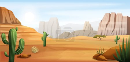 Illustration for Wild west cartoon composition with outdoor scenery of wild desert with canyons bushes and cacti plants vector illustration - Royalty Free Image