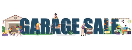 Téléchargez les illustrations : Concept de vente de garage avec symboles texte shopping illustration vectorielle plate - en licence libre de droit