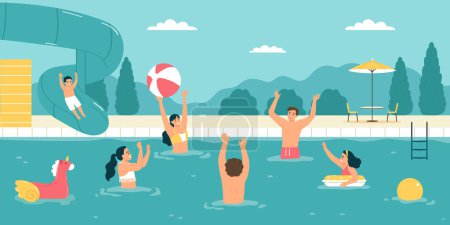 People having fun playing with ball in swimming pool in water park flat vector illustration