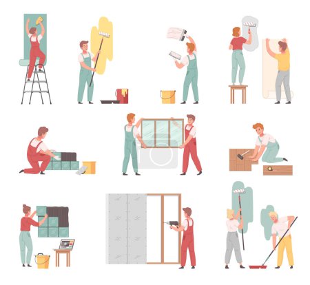 Renovation cartoon icons set with labor workers doing indoor maintenance isolated vector illustration