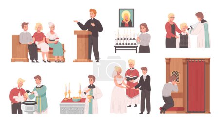 Illustration for Christian church cartoon icons set with different mass services isolated vector illustration - Royalty Free Image