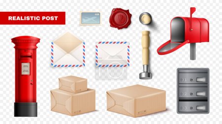 Realista aislado poste icono transparente conjunto con caja roja poste envuelve sello de cera y pila de paquetes vector ilustración