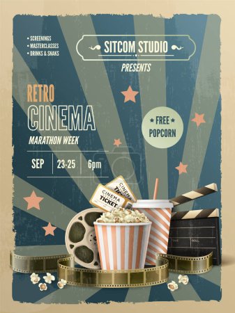 Retro design cinema week invitation poster with popcorn tickets clapper reels realistic vertical vector illustration
