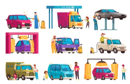 Téléchargez les illustrations : Lavage de voiture et véhicule self cleaning service icônes de dessin animé ensemble illustration vectorielle isolée - en licence libre de droit