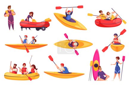 Téléchargez les illustrations : Rivière rafting icônes de bande dessinée mis avec des gens qui font des sports nautiques extrêmes illustration vectorielle isolée - en licence libre de droit