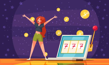 Téléchargez les illustrations : Concept de dessin animé gagnant de loterie avec femme heureuse sous l'illustration vectorielle de pluie d'argent - en licence libre de droit