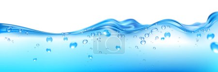 Horizontal blue water wave splashes with bubbles realistic vector illustration