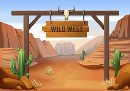 Illustration for Wild west cartoon composition with outdoor scenery cacti trees and wooden gate with signboard and skull vector illustration - Royalty Free Image