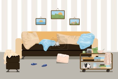 Ilustración de Composición de objetos de la habitación desordenada con el paisaje interior de la sala de estar interior con almohadas arrugadas e ilustración vector de arena - Imagen libre de derechos