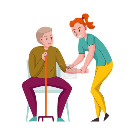 Illustration for Nursing home composition with doodle style characters of volunteers elderly disables people vector illustration - Royalty Free Image