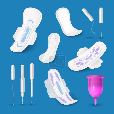 Ilustración de Conjunto de iconos realistas de higiene femenina con toallas sanitarias e ilustración vectorial aislada de copa menstrual - Imagen libre de derechos