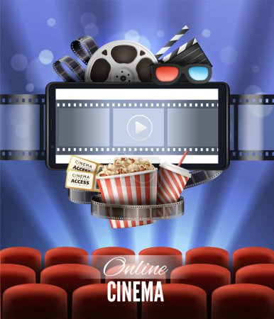 Cinéma en ligne affiche réaliste avec écran popcorn 3d lunettes sièges illustration vectorielle