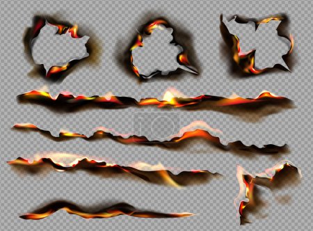 Realistic burnt paper icon set smoldering paper in the shape of a line or a circle vector illustration