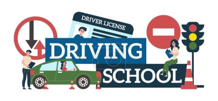Drivign school flat composition with instructor students and traffic signs vector illustration