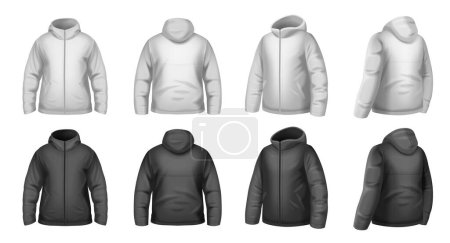 Ensemble réaliste de maquettes de veste d'hiver homme blanc et noir illustration vectorielle isolée
