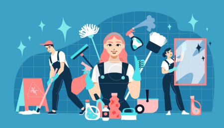 Illustration for Cleaning service flat composition with detergent tools and professional workers performing various housekeeping duties vector illustration - Royalty Free Image