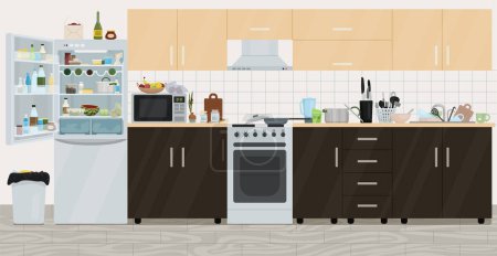 Chaotische Komposition von Raumobjekten mit Innenansicht der Küche mit offenem Kühlschrank und schmutzigem Kochgeschirr