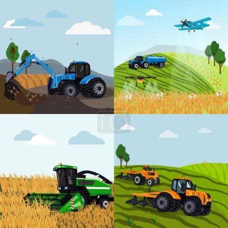 Téléchargez les illustrations : Les machines agricoles transportent ensemble plat de quatre compositions carrées avec des paysages de champ et de ferme avec des véhicules illustration vectorielle - en licence libre de droit