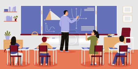 Ilustración de Matemáticas escuela lección aula interior con profesor masculino en pizarra y cuatro estudiantes plana vector ilustración - Imagen libre de derechos