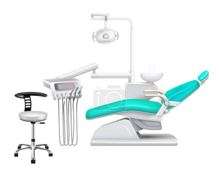 Dental office furniture tools equipment realistic set with instruments cabinet surgical light chair drill vector illustration