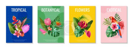 Four realistic exotic flowers poster set with tropical botanical flowers and exotical headlines vector illustration