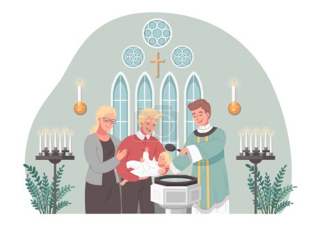 Illustration for Christian church cartoon scene with priest baptising baby vector illustration - Royalty Free Image