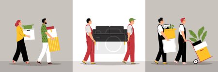 Illustration for Moving to new house flat set with owners and movers carrying furniture and boxes isolated vector illustration - Royalty Free Image