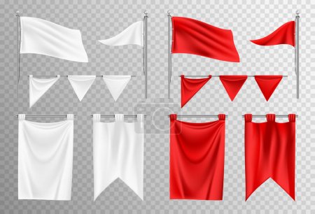 Realistic waving white and red flag mockup of different shapes set isolated against transparent background vector illustration