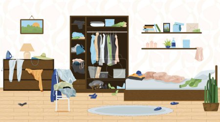 Ilustración de Composición de objetos de habitación desordenada con vista interior plana de la sala de estar con ropa de cama e ilustración de vectores de ropa de cama - Imagen libre de derechos