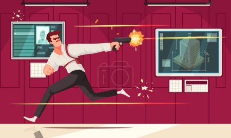 Super Agent Cartoon Poster mit Mann läuft und schießt mit einer Pistole Vektor Illustration