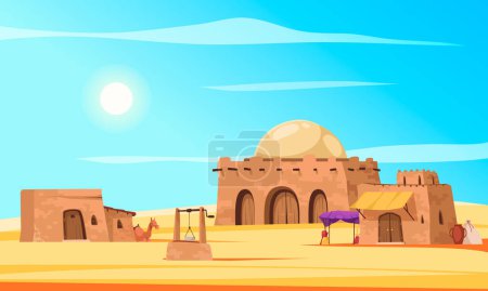 Téléchargez les illustrations : Affiche de dessin animé de la ville arabe avec illustration vectorielle des bâtiments traditionnels de la ville du désert - en licence libre de droit