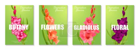 Ilustración de Cartel vertical con flores de gladiolo realistas de diferentes colores contra fondo verde ilustración vectorial aislada - Imagen libre de derechos