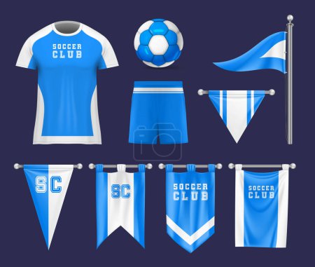 Illustration for Realistic flag soccer football mockup set with isolated images of uniform ball and pennants with emblem vector illustration - Royalty Free Image