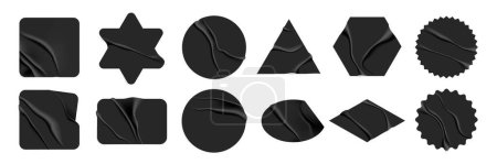 Etiquetas adhesivas realistas conjunto negro con insignias aisladas de color oscuro con arrugas de papel en blanco ilustración vector de fondo