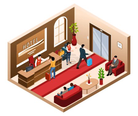 Illustration for Isometric hotel lobby isolated composition with view of waiting hall with reception desk and human characters vector illustration - Royalty Free Image