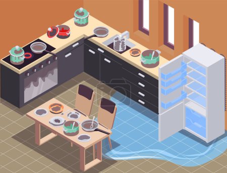 Illustration for Messy kitchen isometric background with fridge and oven symbols vector illustration - Royalty Free Image
