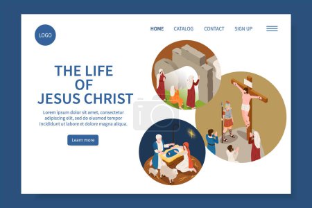 Illustration for Jesus life website with catalog and contact symbols isometric vector illustration - Royalty Free Image