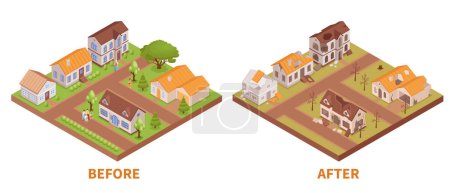 Ilustración de Asentamiento antes y después de la catástrofe dos composiciones isométricas aisladas con edificios enteros y en ruinas ilustración vectorial 3d - Imagen libre de derechos