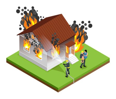 Téléchargez les illustrations : Isométrique pompier concept isolé pompier éteint maison en feu et les résidents de la maison sont debout côte à côte vecteur illustration - en licence libre de droit