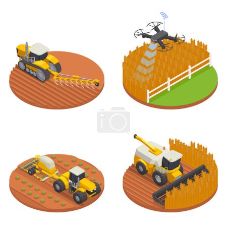 Illustration for Modern automated remote controlled agricultural machinery isometric design concept set isolated 3d vector illustration - Royalty Free Image