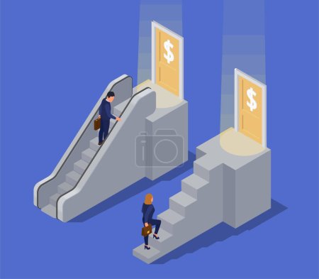 Desigualdad de género promoción injusta y oportunidades de empleo concepto isométrico con el hombre subiendo escaleras mecánicas a un alto salario, mientras que la mujer subir escaleras vector ilustración