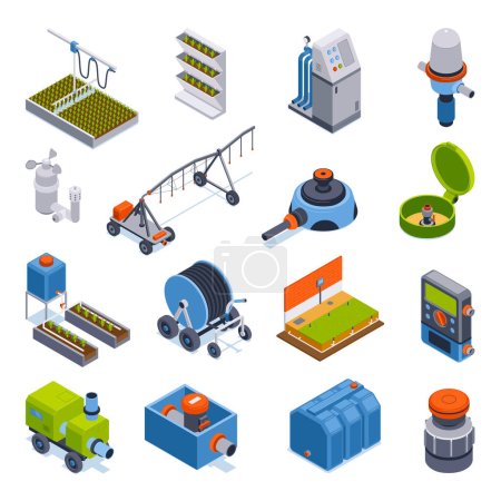 Isometric irrigation systems set with isolated icons of agricultural machinery with tanks motors and water pipes vector illustration
