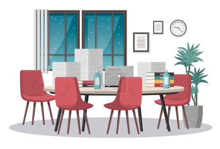 Téléchargez les illustrations : Concept de salle de réunion dessin animé avec grande table de bureau entourée de chaises illustration vectorielle - en licence libre de droit