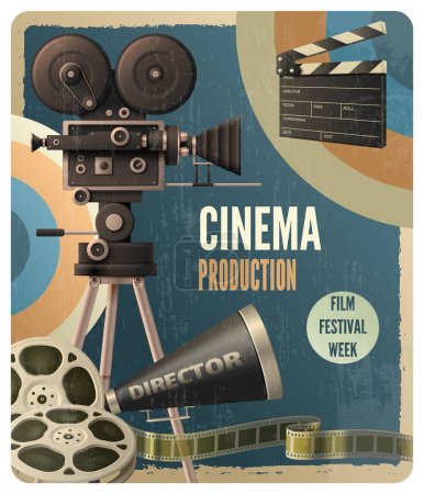 Modèle de design vintage réaliste de film de production cinématographique affiche de la semaine du festival avec caméscope clapet bobines illustration vectorielle