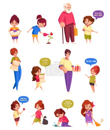 Gut erzogene Kinder-Symbole mit Kindern, die Erwachsenen helfen, Vektor-Illustration zu isolieren