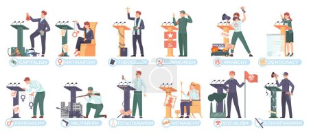 Illustration for Government types set with political system symbols flat isolated vector illustration - Royalty Free Image