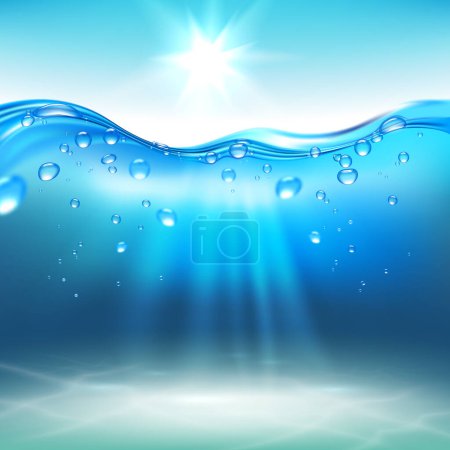 Blue water wave with bubbles and sun rays on sea bottom realistic background vector illustration
