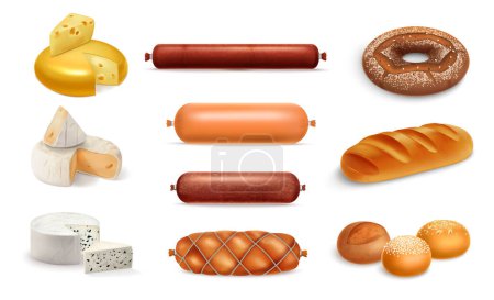 Illustration for Realistic food product set with different kinds of cheese sausage and bread on white background isolated vector illustration - Royalty Free Image